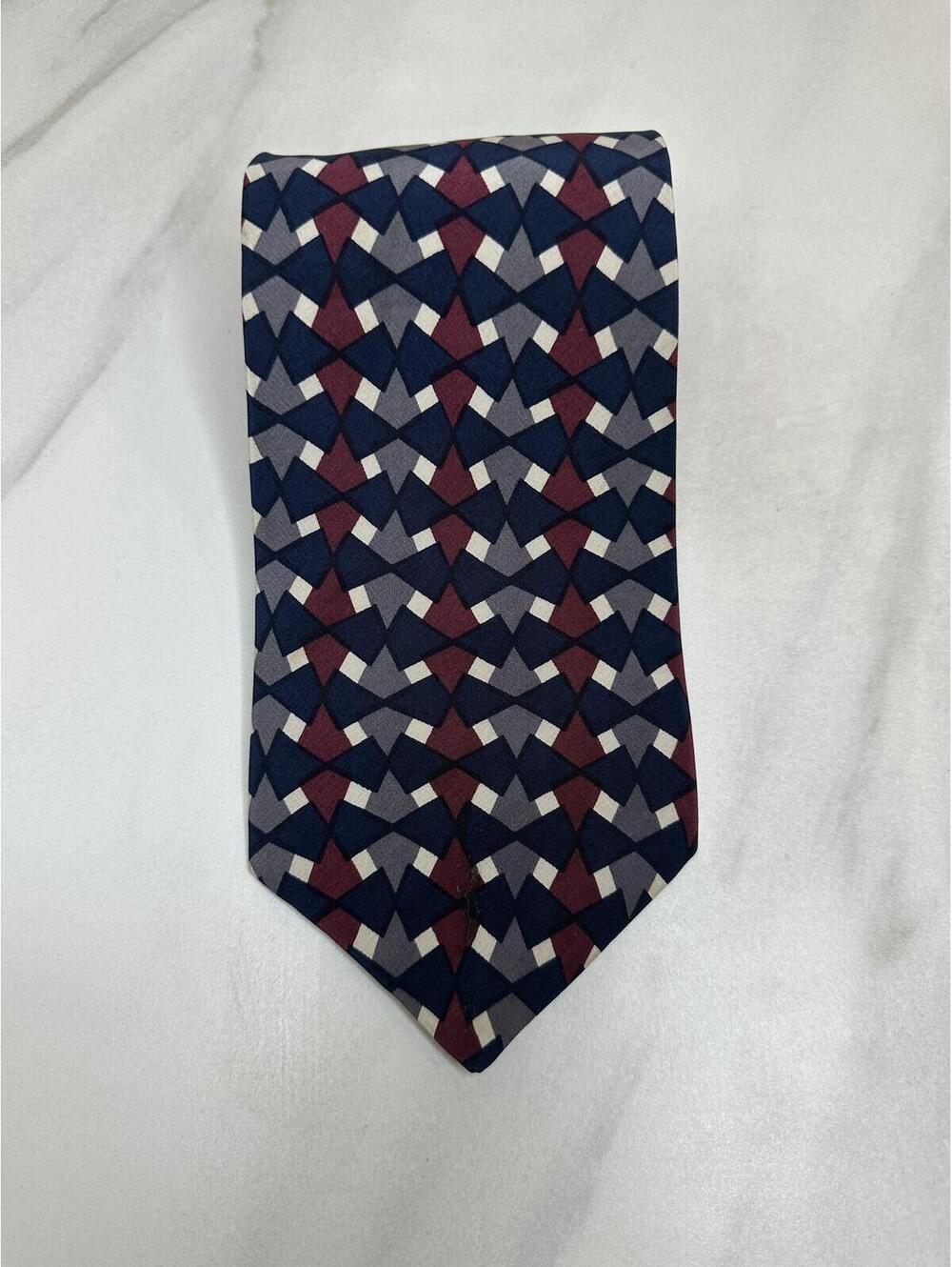 Vintage Ted Lapidus 100% silk tie navy/burgundy/grey/cream geometric made in USA